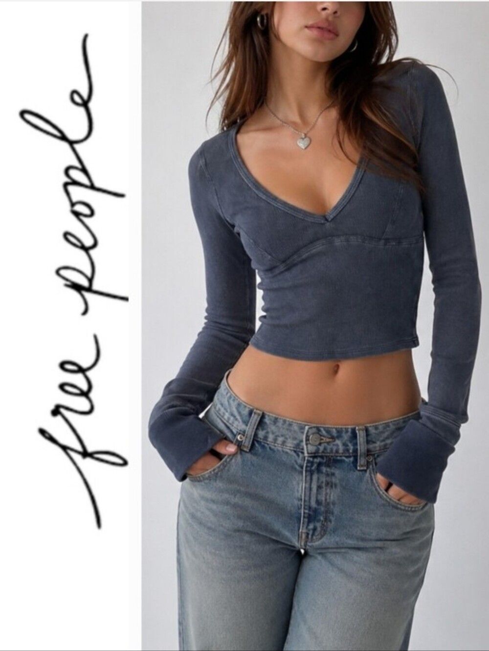 NWOT We The Free Ribbed Long Sleeve Deep V Crop Top Y2K Boho Fit Charcoal/Navy L